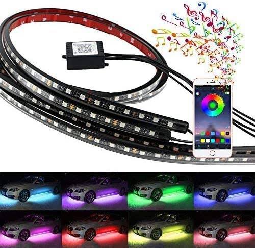 4pcs LED Strip Light Kits Automobile Chassis Lamp with APP Control RGB Multi-Color Atmosphere Underglow Lights, 12V Waterproof LED Chassis Atmosphere Lamp for All Cars.(4 Light Bars)