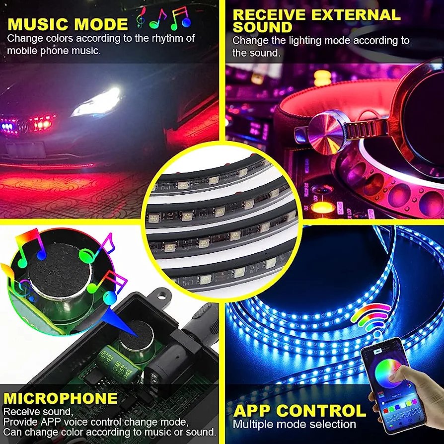 4pcs LED Strip Light Kits Automobile Chassis Lamp with APP Control RGB Multi-Color Atmosphere Underglow Lights, 12V Waterproof LED Chassis Atmosphere Lamp for All Cars.(4 Light Bars)