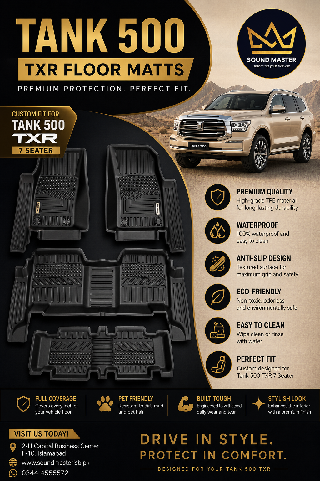 GWM TANK 500 – BLACK Premium Floor TPU Mats (7 Seater) – Sound Master